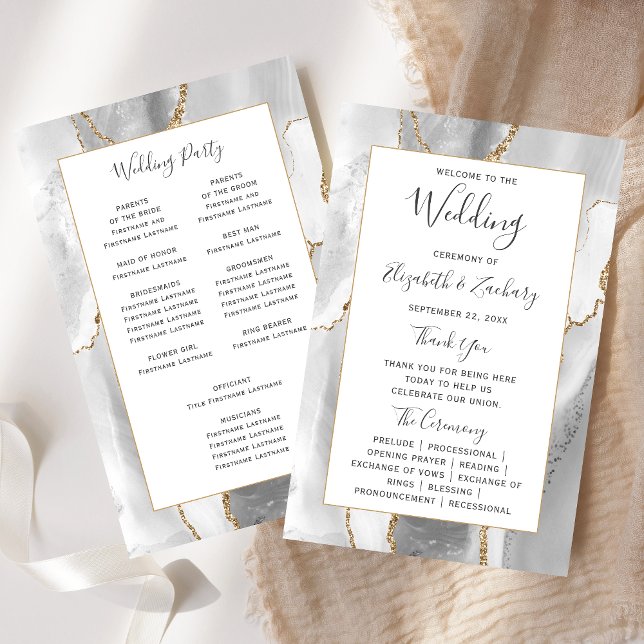 Budget Grey White Gold Agate Wedding Program (Creator Uploaded)