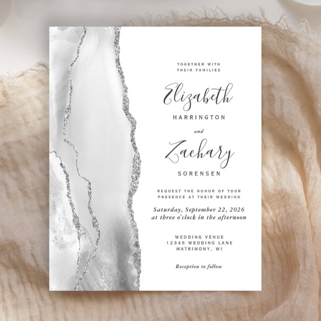 Budget Grey White Silver Agate Wedding Invitation (Creator Uploaded)