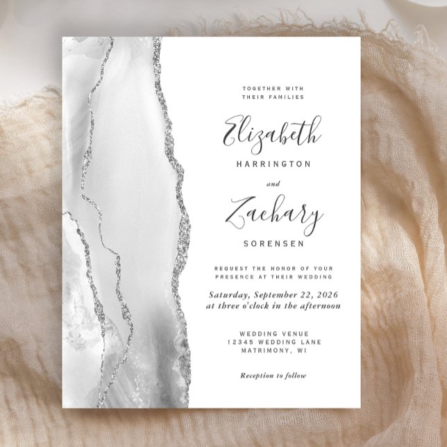 Budget Grey White Silver Agate Wedding Invitation (Creator Uploaded)