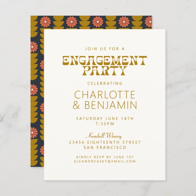 Budget Groovy 70s Botanical Gold Engagement Party (Front/Back)