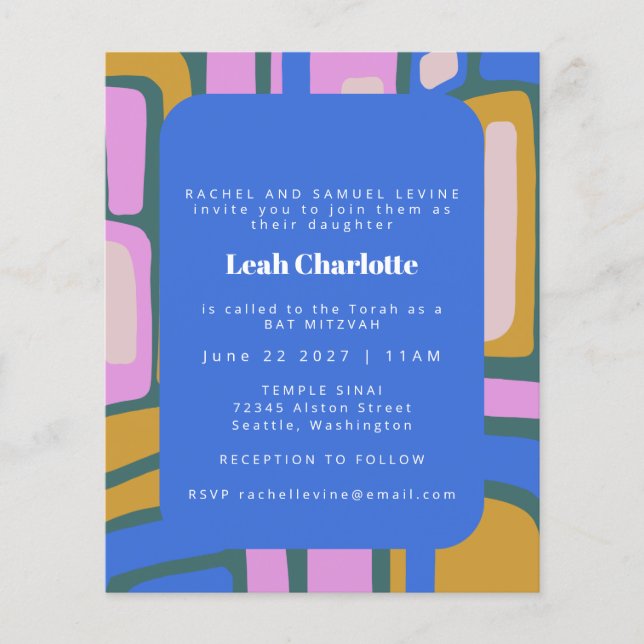 Budget Groovy Abstract Blue Bat Mitzvah Invite (Front)