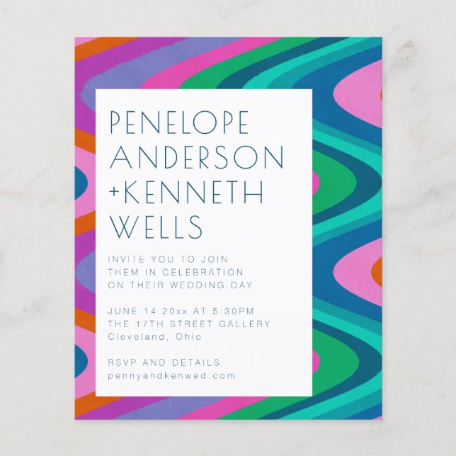 Budget Groovy Colourful Curvy Lines Wedding Invite (Front)