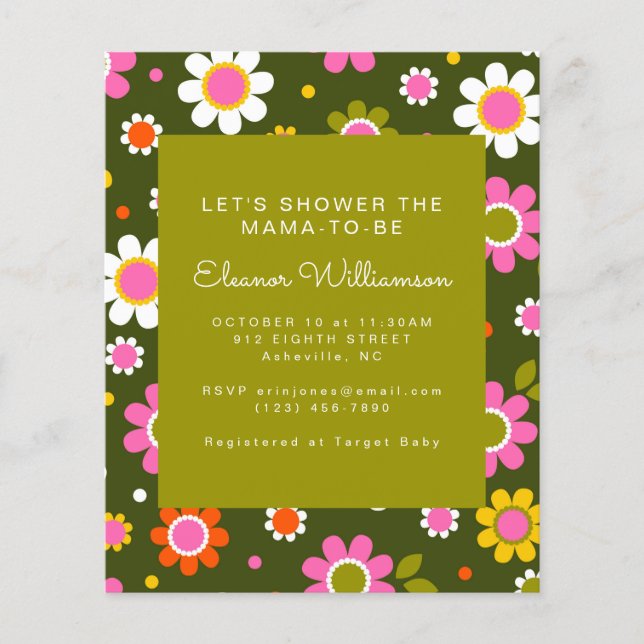 Budget Groovy Flowers Green Baby Shower Invite (Front)
