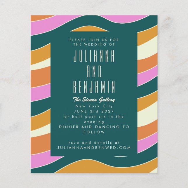 Budget Groovy Retro Pink Green Wavy Lines Wedding (Front)