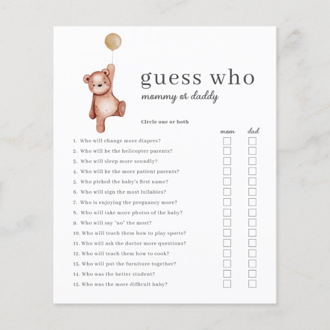 Budget Guess Who Baby Shower Game Gender Neutral (Front)