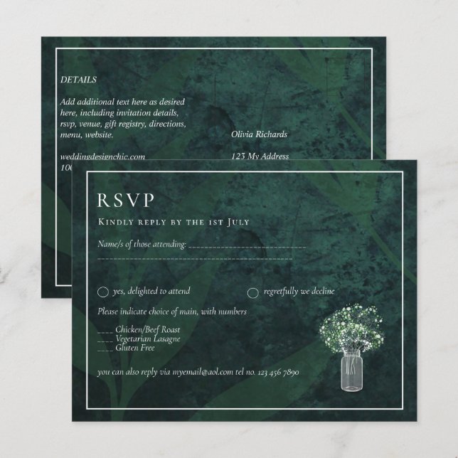 Budget Gypsophila Mason Jar Emerald Green Wedding Postcard (Front/Back)