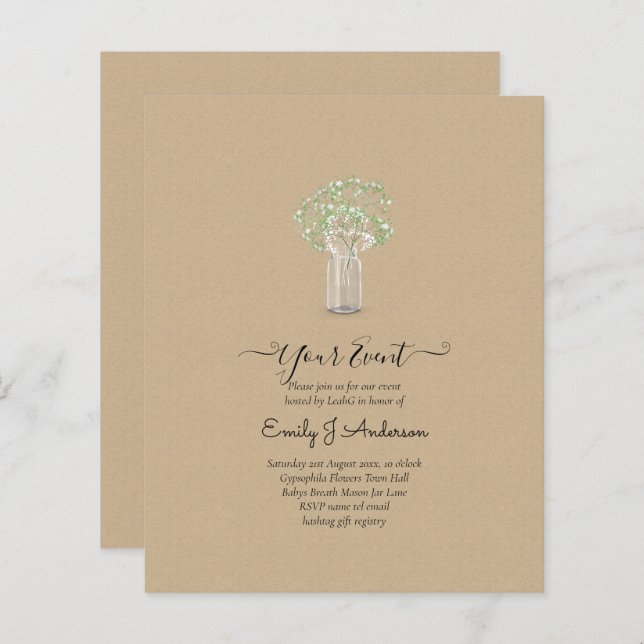 BUDGET Gypsophila Mason Jar Modern Minimal WEDDING (Front/Back)