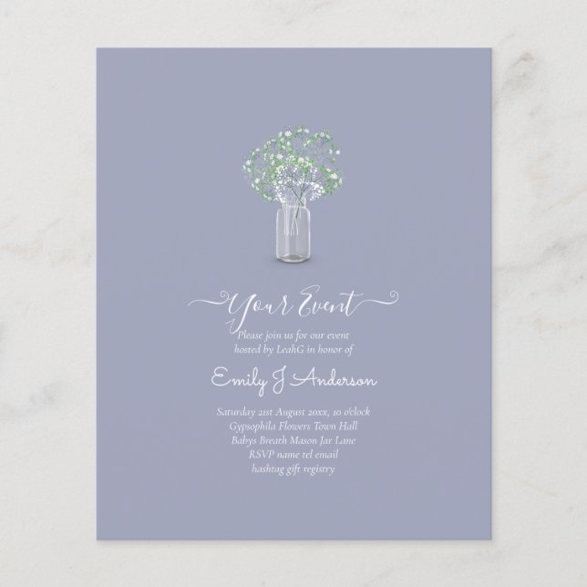 BUDGET Gypsophila Mason Jar Modern Minimal WEDDING Flyer (Front)