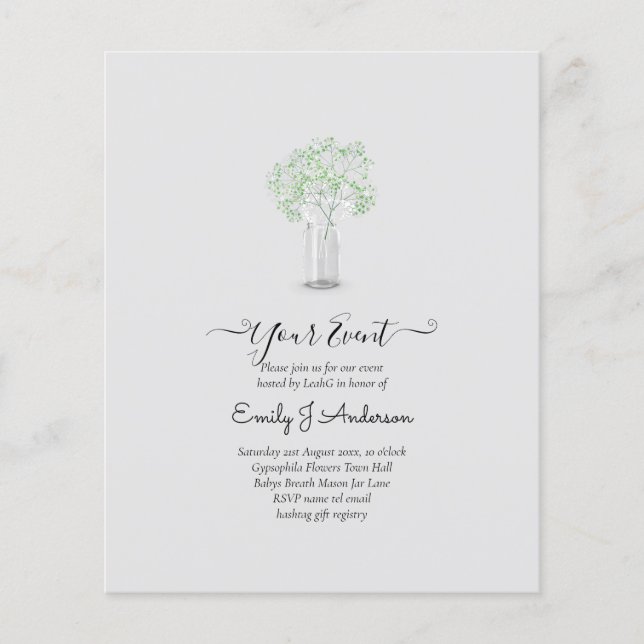 BUDGET Gypsophila Mason Jar Modern Minimal WEDDING Flyer (Front)