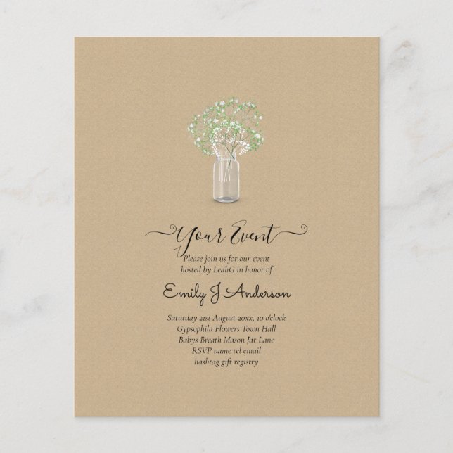 BUDGET Gypsophila Mason Jar Modern Minimal WEDDING Flyer (Front)
