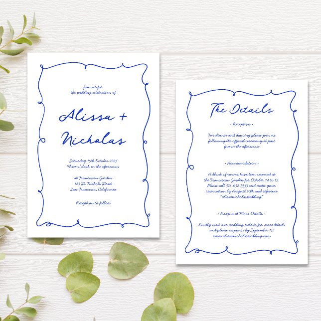 Budget Hand Drawn Bright Blue All in One Wedding Invitation (Creator Uploaded)