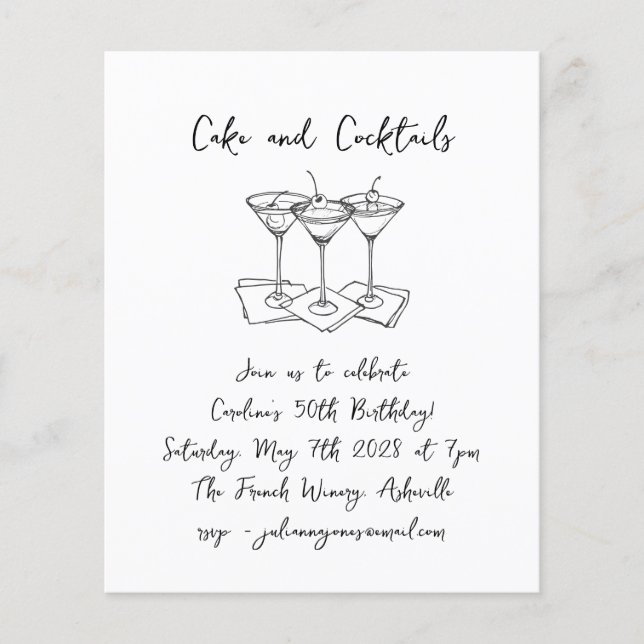 Budget Handwritten Cakes Cocktails Birthday Party (Front)