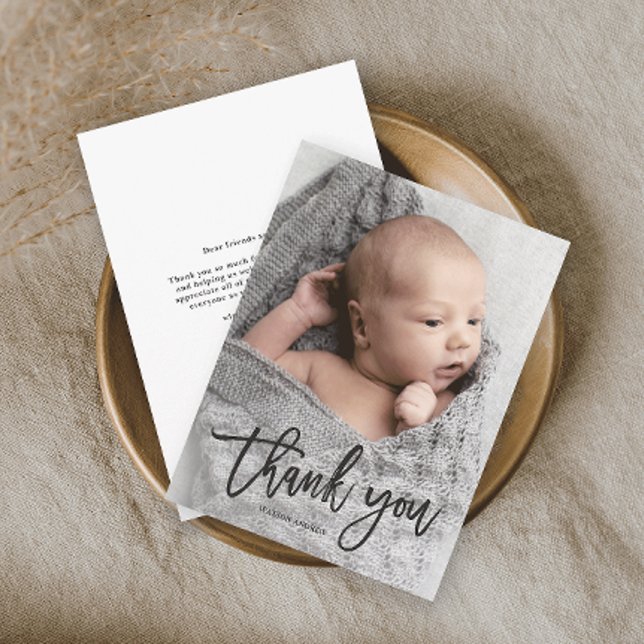 Budget Handwritten Photo Baby Thank You Card (Simple photo baby thank you card with modern handwritten script typography overlay.)