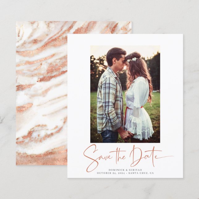 BUDGET Handwritten Rose Gold Marble Save the Date (Front/Back)