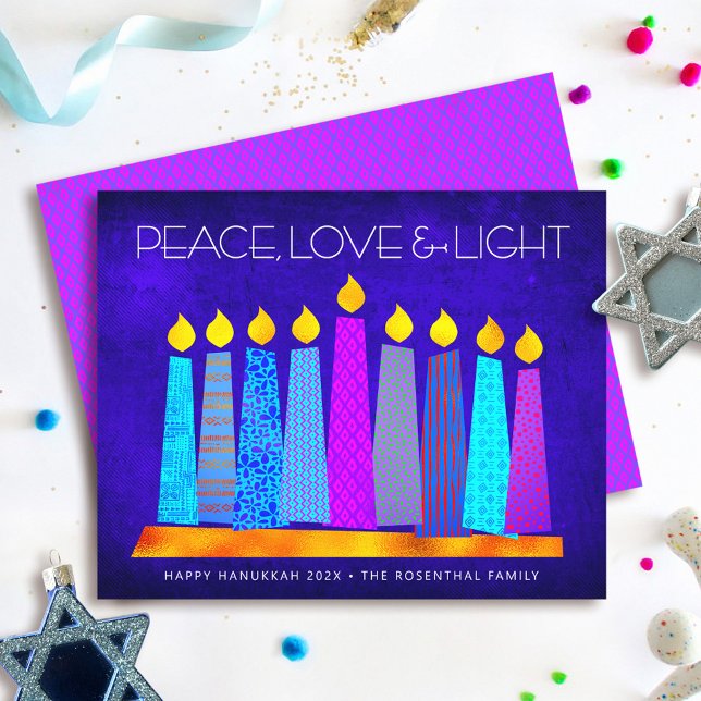Budget Hanukkah Candles Peace Love Light Blue Card (Creator Uploaded)