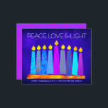 Budget Hanukkah Candles Peace Love Light Blue Card<br><div class="desc">“Peace, love & light.” A playful, modern, artsy illustration of boho pattern candles in a menorah helps you usher in the holiday of Hanukkah. Assorted blue candles with colourful faux foil patterns overlay a rich deep blue textured background. Faux hot pink purple diamond pattern foil on a cornflower blue background...</div>