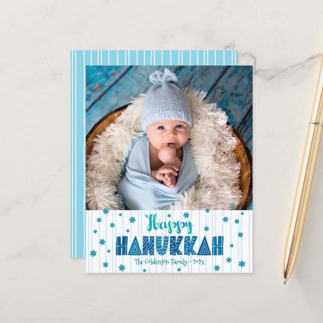 Budget Happy Hanukkah Photo Blue Stars Modern Card (Front/Back In Situ)
