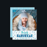 Budget Happy Hanukkah Photo Blue Stars Modern Card<br><div class="desc">“Happy Hanukkah.” Fun, playful, whimsical handcrafted typography and a random Star of David pattern in light turquoise blue, overlaying light turquoise blue hand drawn lines on a white background, along with the photo of your choice, help you usher in Hanukkah. Hand drawn white lines overlay a light blue background on...</div>