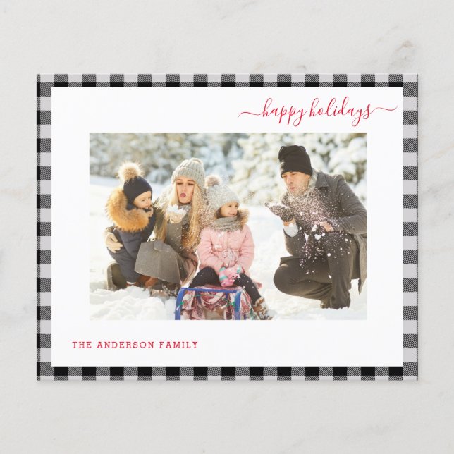 Budget Happy Holiday Plaid Modern 2 Photo Card (Front)
