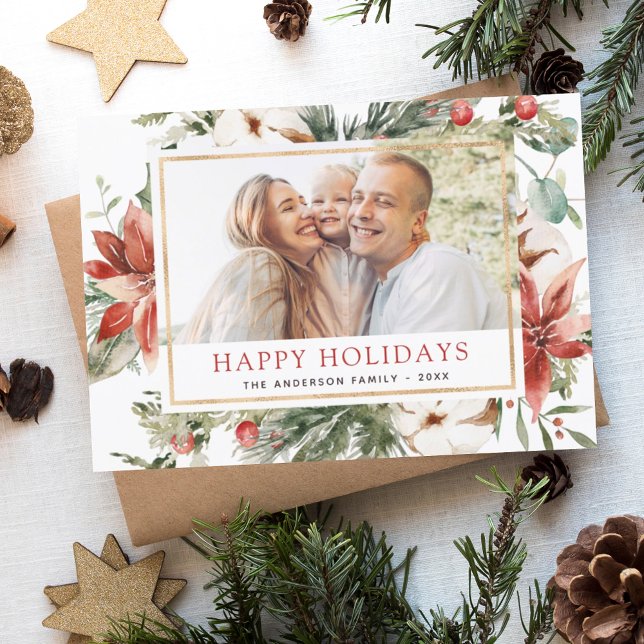Budget Happy Holidays Christmas Greenery Photo Holiday Postcard (Creator Uploaded)