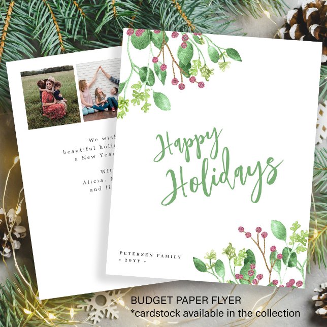 Budget Happy Holidays greenery photo Holiday Card (Creator Uploaded)