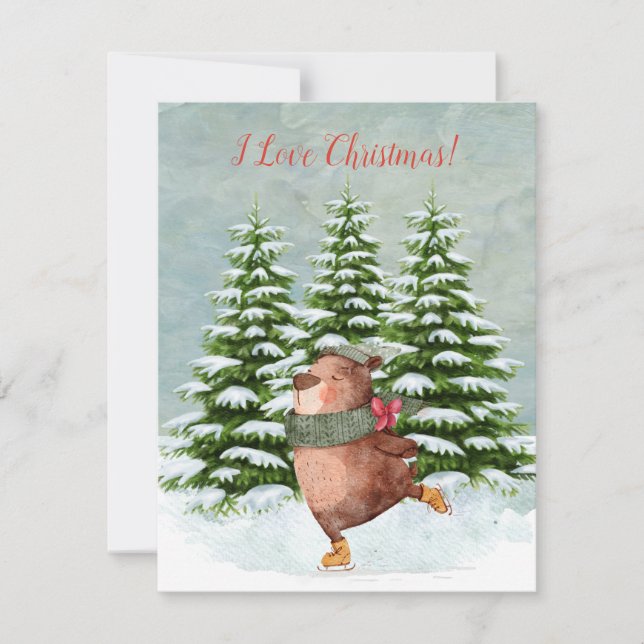 Budget Happy Skating Bear Snow FLAT Christmas Holiday Card (Front)