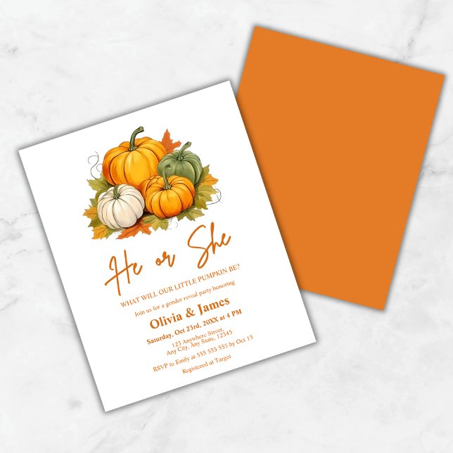 Budget He or She Fall Pumpkin Gender Reveal Invite (Budget He or She Fall Pumpkin Gender Reveal Party Invitation )