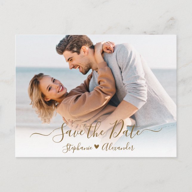 Budget Heart Gold Calligraphy Photo Save The Date Announcement Postcard (Front)