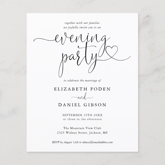 Budget Heart Script Evening Party Wedding Invite (Front)