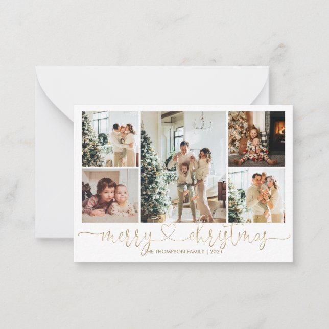 BUDGET Heart Script Gold Merry Christmas 5 Photo Card (Front)