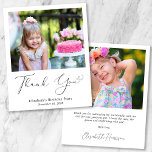 Budget Heart Script Photo Birthday Thank You Card<br><div class="desc">Budget-friendly thank you card for her birthday party featuring her photo and "Thank You" in an elegant contemporary script with a heart swash. Personalise with her first name and the event date in simple modern typography. On the reverse side, add an additional photo, her customised thank you message and her...</div>