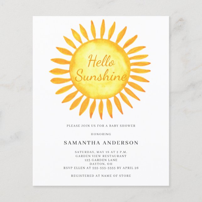 Budget Hello Sunshine Baby Shower Invitation Flyer (Front)