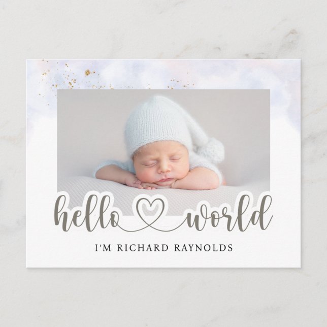 Budget Hello World Baby Boy Announcement Card (Front)