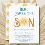 Budget Here Comes The Son Baby Shower Invitation<br><div class="desc">Invite family and friends to your sun-themed baby shower with this cute budget boys' baby shower invitation. It features the text "Here Comes The Son" in blue retro typography with a cute yellow watercolor sun. The back is decorated with a smiling sun pattern. Easily customisable. Because we create our artwork...</div>