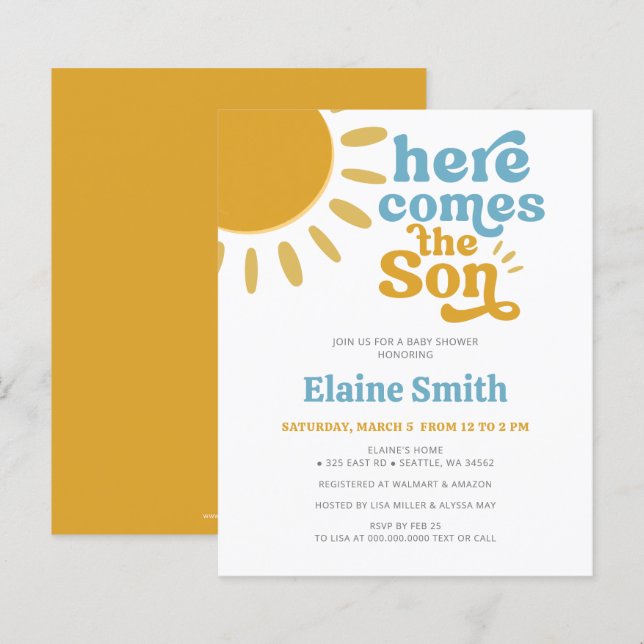 Budget Here comes the son boy baby shower Invite (Front/Back)