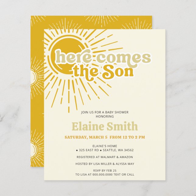 Budget Here comes the son retro boy baby shower (Front/Back)