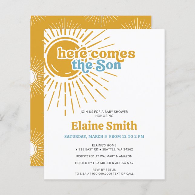 Budget Here comes the son retro boy baby shower (Front/Back)