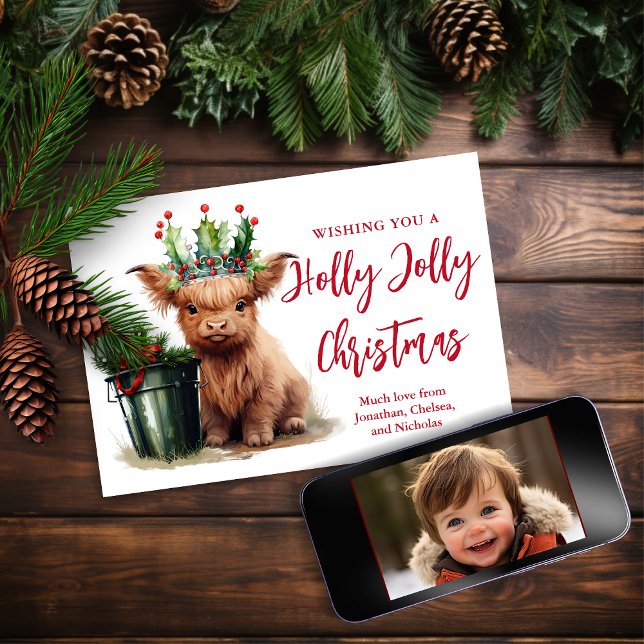 Budget Highland Cow Holly Jolly Holiday Photo Card (Creator Uploaded)