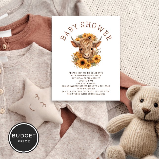 Budget Highland Cow Sunflowers Baby Shower (Smaller 4.5 x 5.6" budget price alternative)