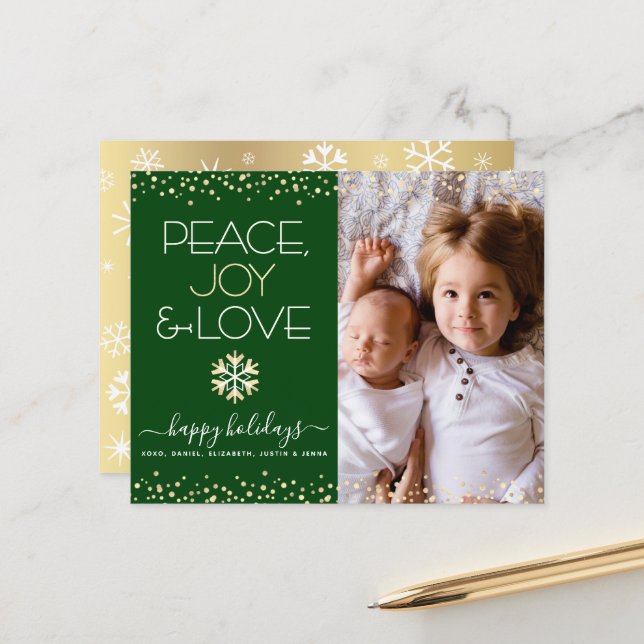 Budget Holiday Gold Green Photo Peace Love Card (Front/Back In Situ)