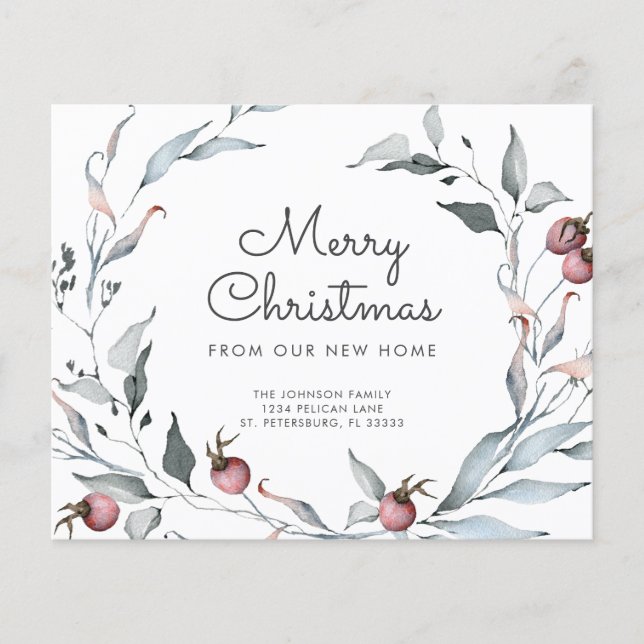 Budget Holiday Greenery Wreath New Address Card (Front)