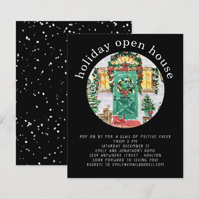 Budget Holiday Open House Party Black Invite (Front/Back)