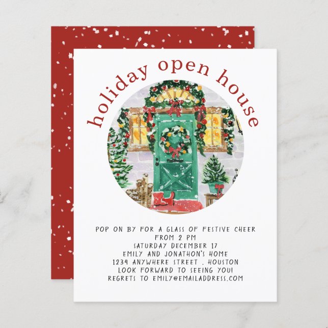 Budget Holiday Open House Party Red Invite (Front/Back)