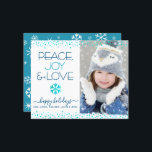 Budget Holiday Photo Turquoise Peace Joy Love Card<br><div class="desc">“Peace, joy & love.” A fun, playful, turquoise blue faux foil snowflake illustration, confetti dots, and turquoise and navy blue modern typography on a clean, white background, along with the custom photo of your choice, help you usher in the holiday season. A random white snowflake pattern overlays turquoise blue on...</div>