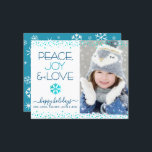 Budget Holiday Photo Turquoise Peace Joy Love Card<br><div class="desc">“Peace, joy & love.” A fun, playful, turquoise blue faux foil snowflake illustration, confetti dots, and turquoise and navy blue modern typography on a clean, white background, along with the custom photo of your choice, help you usher in the holiday season. A random white snowflake pattern overlays turquoise blue on...</div>