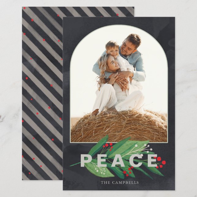 Budget Holly Arch Peace Navy Photo Holiday Card (Front/Back)