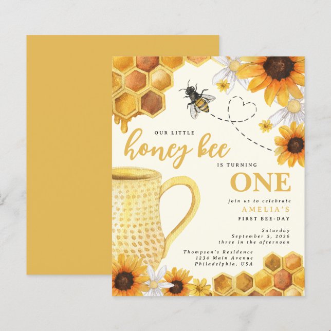 Budget Honey Bee Watercolor Sunflower 1st Birthday (Front/Back)