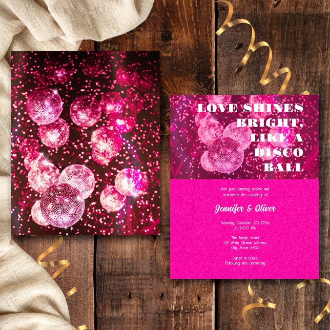 Budget Hot Pink Disco Ball Wedding Invitation Flyer (Front and Back)