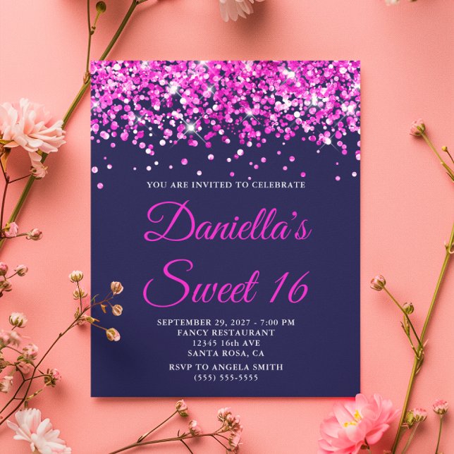 Budget Hot Pink Glitter Navy Sweet 16 Invite (Budget Hot Pink Glitter Navy Sweet 16 Invite)