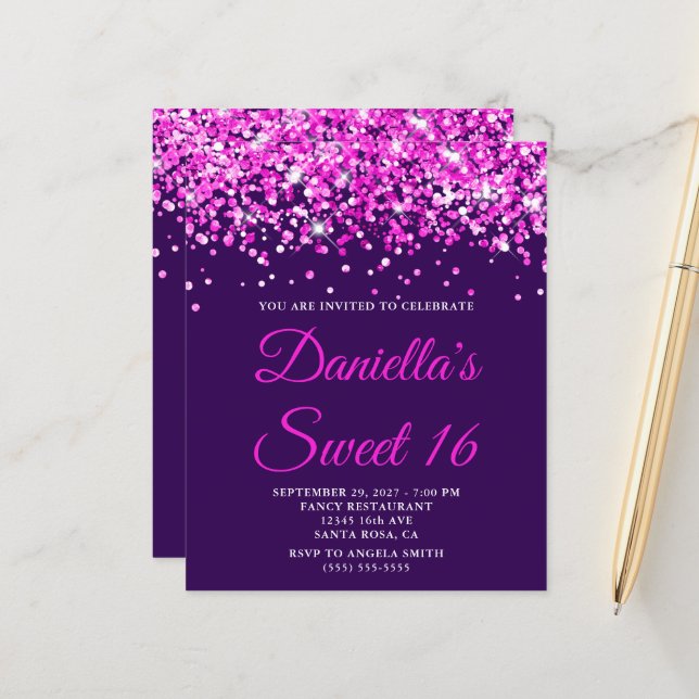 Budget Hot Pink Glitter Purple Sweet 16 Invite (Front/Back In Situ)